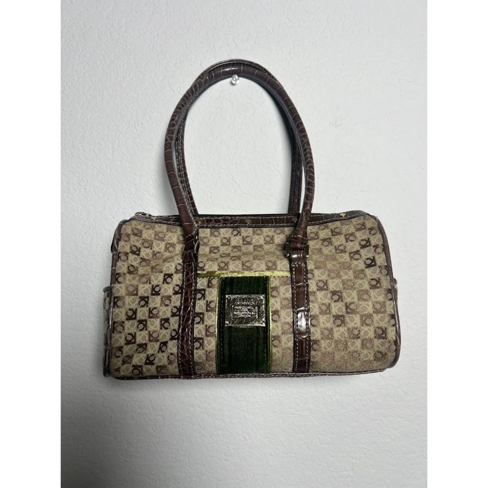 Liz Claiborne Monogram Satchel Bag Small Brown Tan Women Y2K Preppy Croc Trim